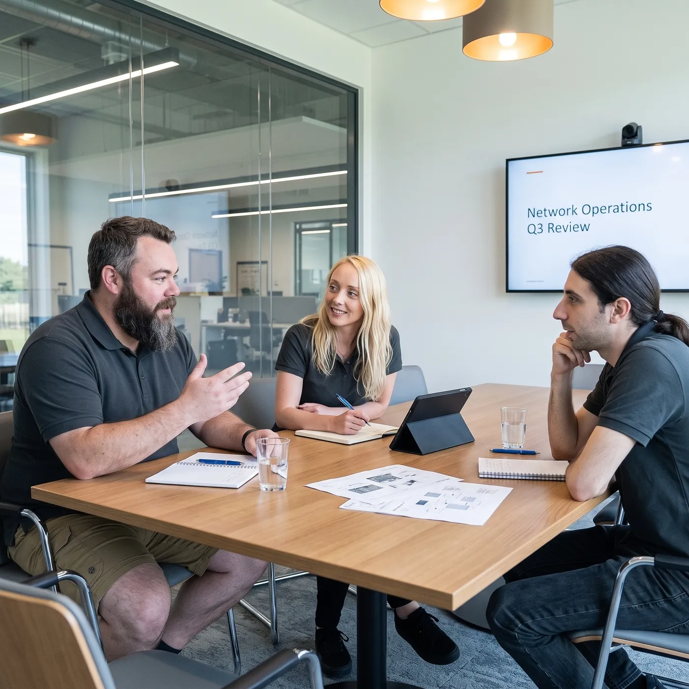James, Katie and Rhys from Octopus 365 talking around a meeting table